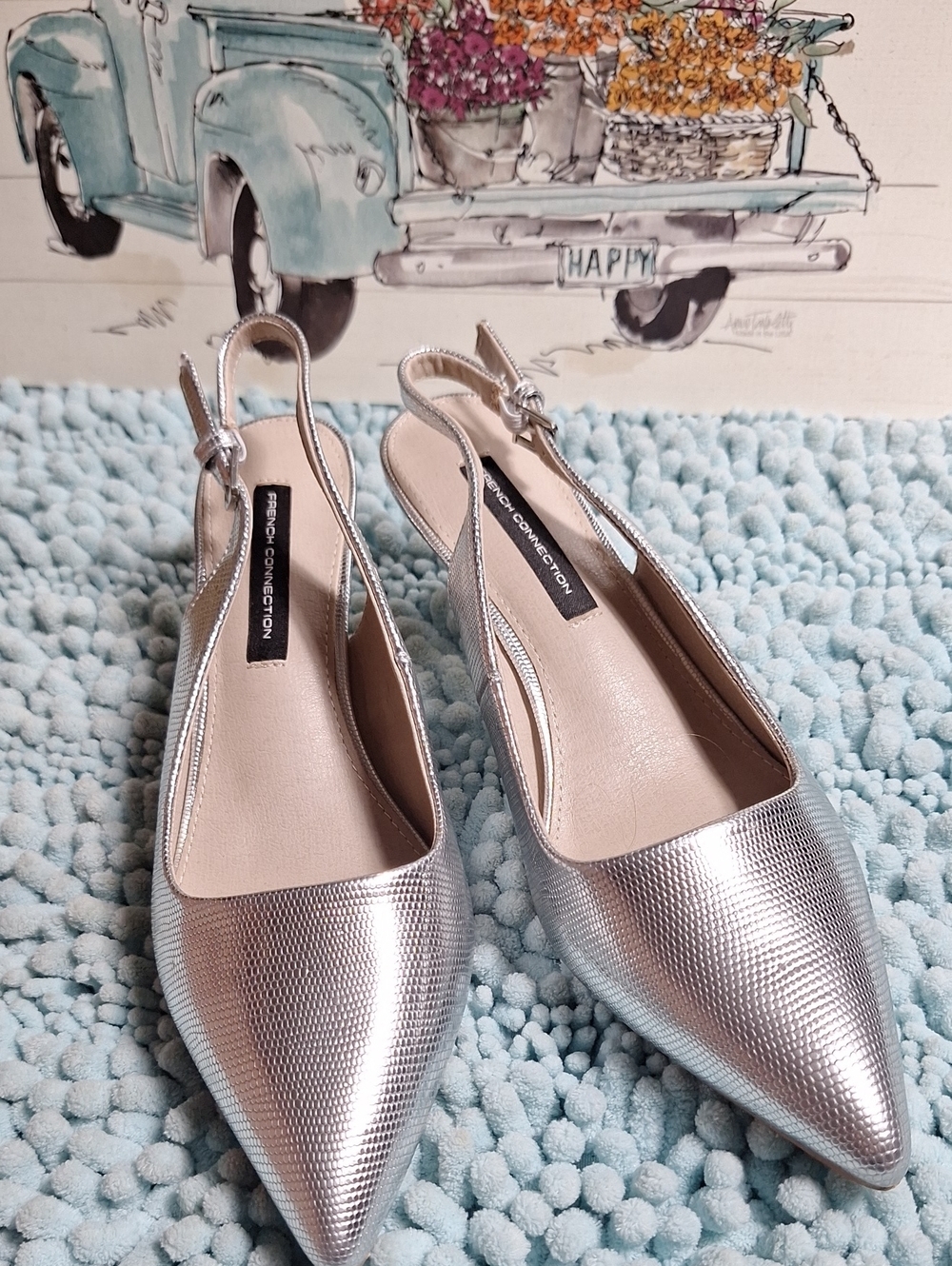 French Connection Metallic Silver Pointed Slingback Flats